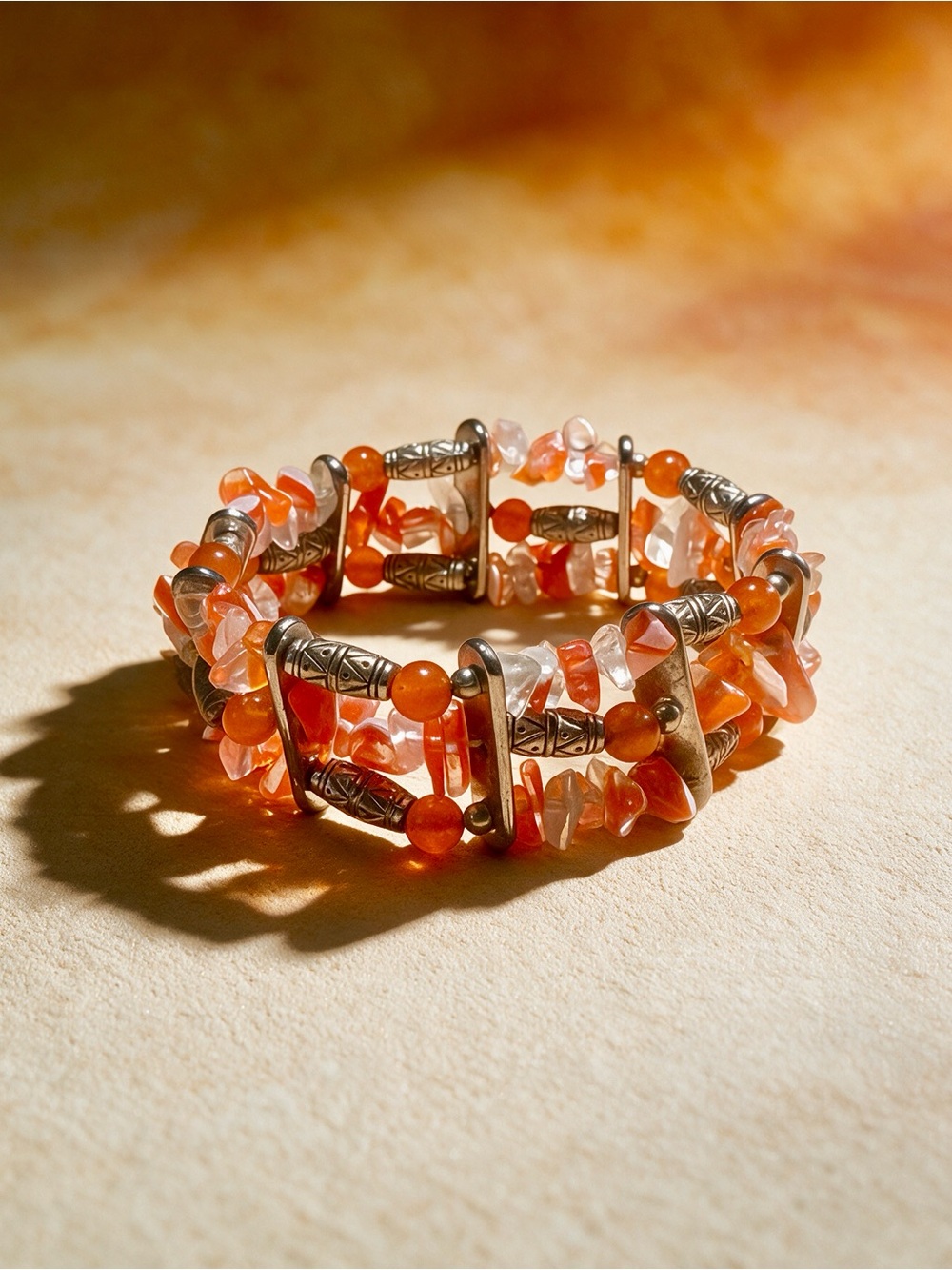 Orange Carnelian Multi-Strand Stretch Bracelet - Women Jewelry, Handcrafted